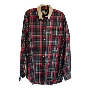 Vintage Tommy Hilfiger Heavy Cotton Plaid Shirt L Red Tan Collar Button Down